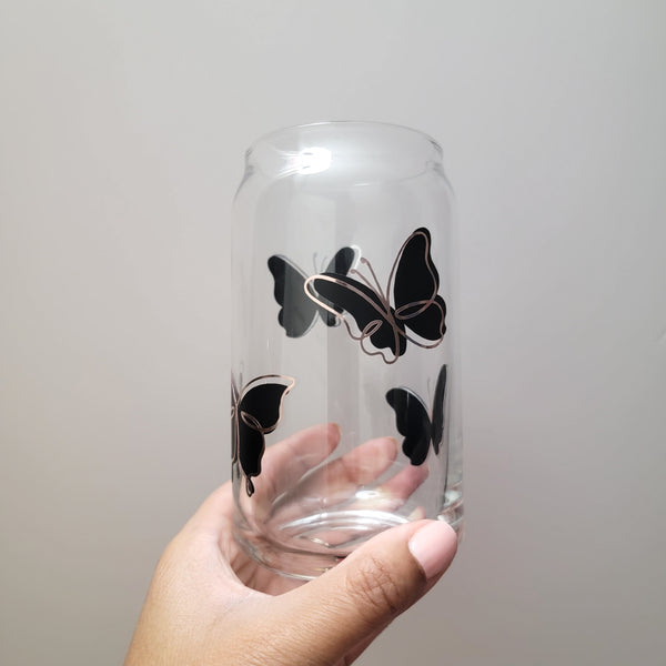Black and Rose Gold Butterfly Libbey Glass